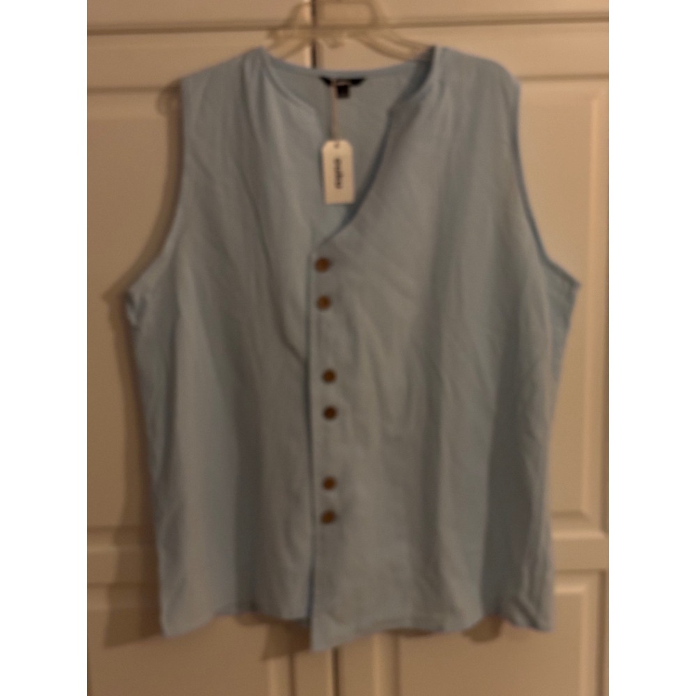 Ouku Mens Light Blue Cotton Linen Sleeveless Asymmetric Button Front Shirt M